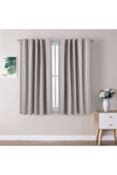 H&O Direct Beige Faux Linen Blackout Curtains Pair with Back Tab & Pole Pocket Top, 117cm W x 137 cm H - thumbnail 2