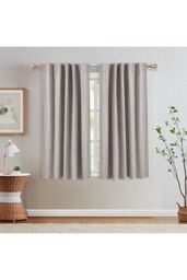 H&O Direct Beige Faux Linen Blackout Curtains Pair with Back Tab & Pole Pocket Top, 117cm W x 137 cm H