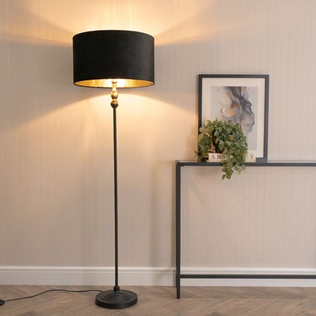 ValueLights Maggie Black Candlestick Floor Lamp with Black Velvet & Gold Inner Shade & Bulb