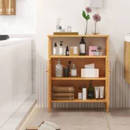 VOGREX Bamboo Double-Door Bathroom Floor Storage Cabinet in Natural - thumbnail 4