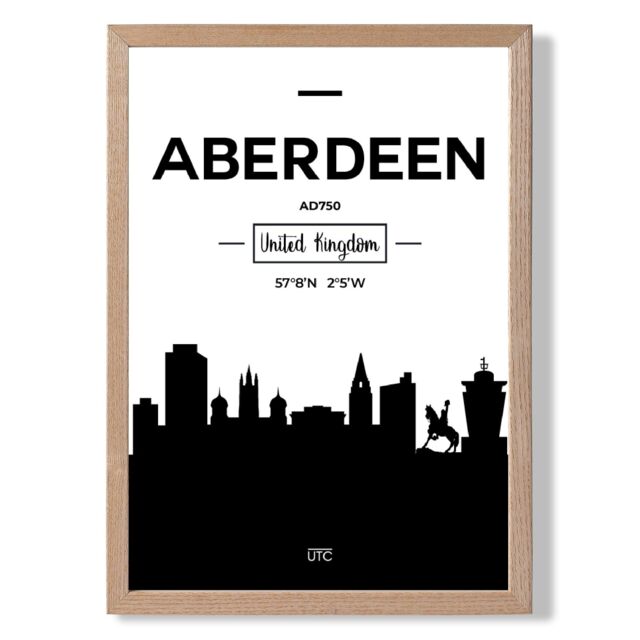 ARTZE Aberdeen Black & White City Skyline Framed Print SIZE: A2 with Oak Frame - Size: A4 - image 1