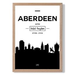 ARTZE Aberdeen Black & White City Skyline Framed Print SIZE: A2 with Oak Frame - Size: A4 - thumbnail 1