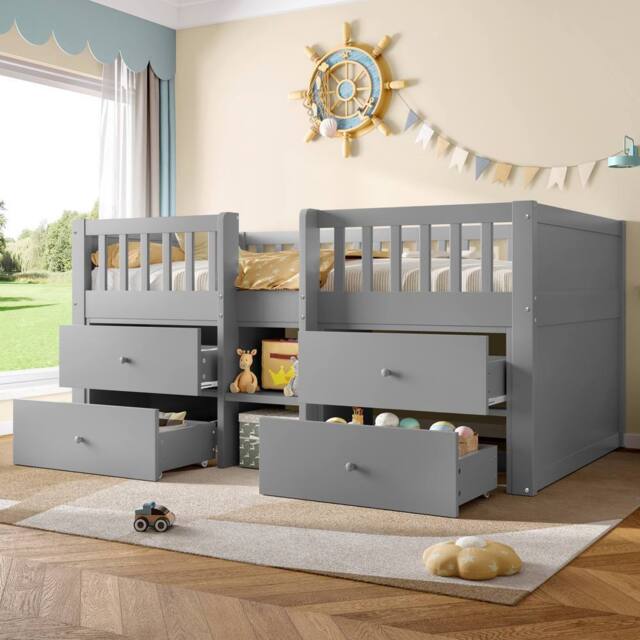 Matteo Low Loft Bed - Solid Wood & Storage - Single - Grey - image 1