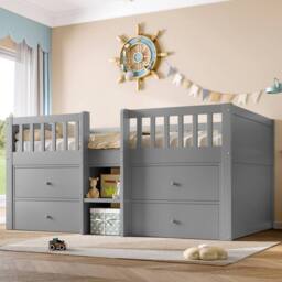 Matteo Low Loft Bed - Solid Wood & Storage - Single - Grey - thumbnail 2