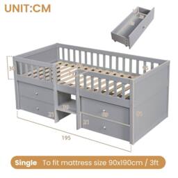 Matteo Low Loft Bed - Solid Wood & Storage - Single - Grey - thumbnail 6