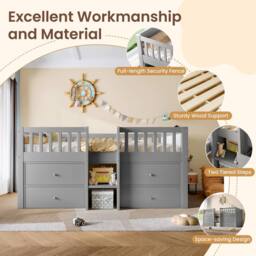 Matteo Low Loft Bed - Solid Wood & Storage - Single - Grey - thumbnail 7