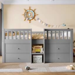 Matteo Low Loft Bed - Solid Wood & Storage - Single - Grey - thumbnail 4