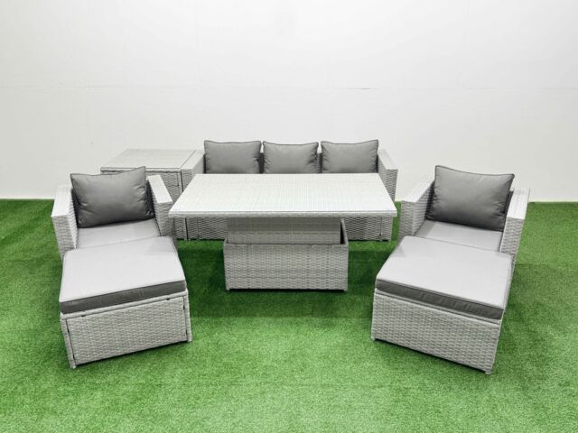 Fimous 7 PCs Rising Dining Table Set Rattan Furniture Set with Side Table in Light Grey - image 1