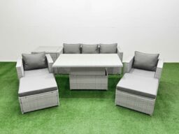 Fimous 7 PCs Rising Dining Table Set Rattan Furniture Set with Side Table in Light Grey - thumbnail 1