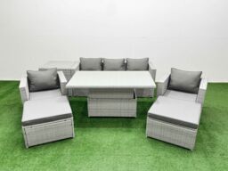 Fimous 7 PCs Rising Dining Table Set Rattan Furniture Set with Side Table in Light Grey - thumbnail 2