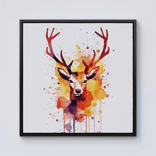 Warren Reed - Designer Watercolour Stag Face Framed Canvas in Black - Size: w40 inch x h40 inch - image 1