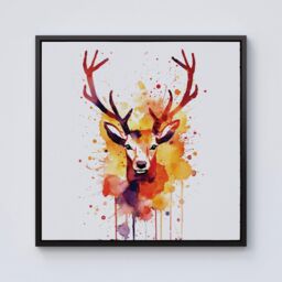 Warren Reed - Designer Watercolour Stag Face Framed Canvas in Black - Size: w40 inch x h40 inch - thumbnail 1