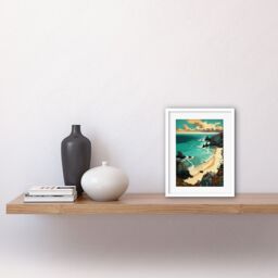 "Artery8 Wall Art Print Porthcurno Sandy Beach Cliffs Coastal Landscape Artwork Framed 9X7 Inch in White - Size: W7"" x H9""" - thumbnail 2