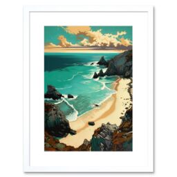 "Artery8 Wall Art Print Porthcurno Sandy Beach Cliffs Coastal Landscape Artwork Framed 9X7 Inch in White - Size: W7"" x H9""" - thumbnail 1