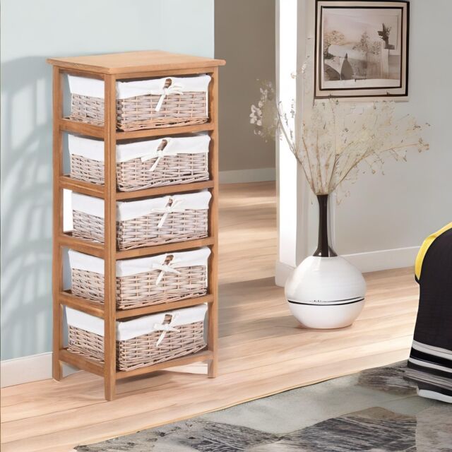 Pirlo Plush 5 Drawer Wicker Basket Storage Unit Bedroom Furniture in Brown - image 1