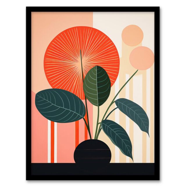 "Wee Blue Coo Wall Art Print Potted Plant Peculiar Abstract Geometric Stylised Boho Calathea Plant Art Framed in Red - Size: W12"" x H16""" - image 1