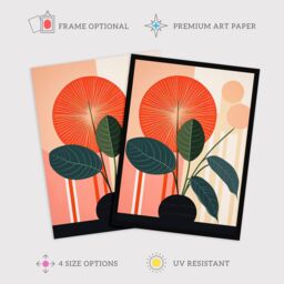 "Wee Blue Coo Wall Art Print Potted Plant Peculiar Abstract Geometric Stylised Boho Calathea Plant Art Framed in Red - Size: W12"" x H16""" - thumbnail 2