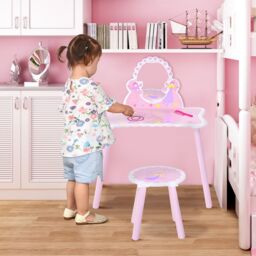 HOMCOM Make Up Play Set Desk Chair Mirror Girls Pink Dressing Table with stool MDF Pink