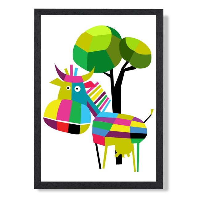 ARTZE Cow Bright Geometric Animal Framed Print SIZE: A2 with Black Frame - Size: A4 - image 1