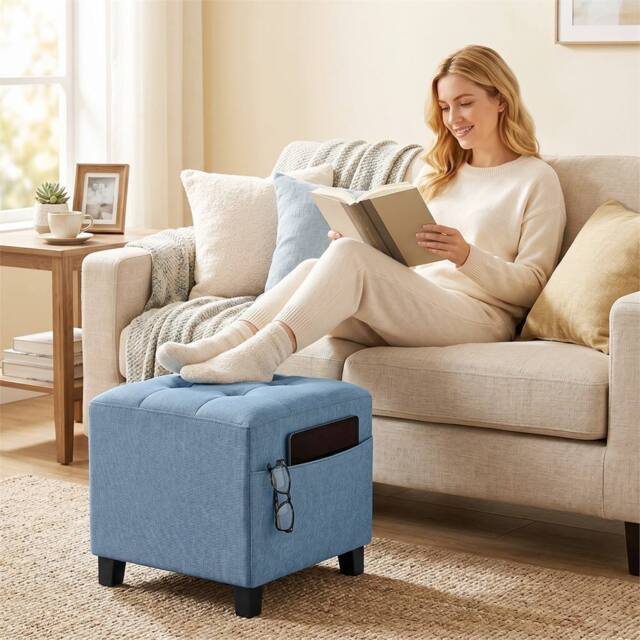 EONLION Dark Blue Square Footstool with Side Pocket - Size: 100 cm - image 1