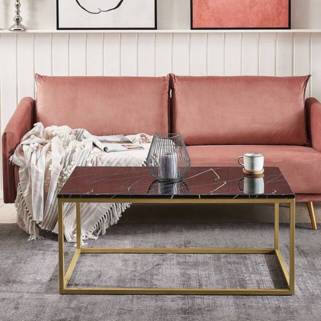 Wyld and Coco Industrial Glam Coffee Table Black Marble Effect Top Gold Legs - image 1