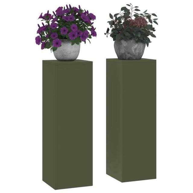 Berkfield Home Outdoor Plant Stands Pillar 2 pcs Olive Green 24x24x75 cm Steel - Size: 24 x 24 x 75 cm - image 1
