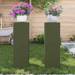 Berkfield Home Outdoor Plant Stands Pillar 2 pcs Olive Green 24x24x75 cm Steel - Size: 24 x 24 x 75 cm - thumbnail 4