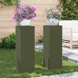 Berkfield Home Outdoor Plant Stands Pillar 2 pcs Olive Green 24x24x75 cm Steel - Size: 24 x 24 x 75 cm - thumbnail 2