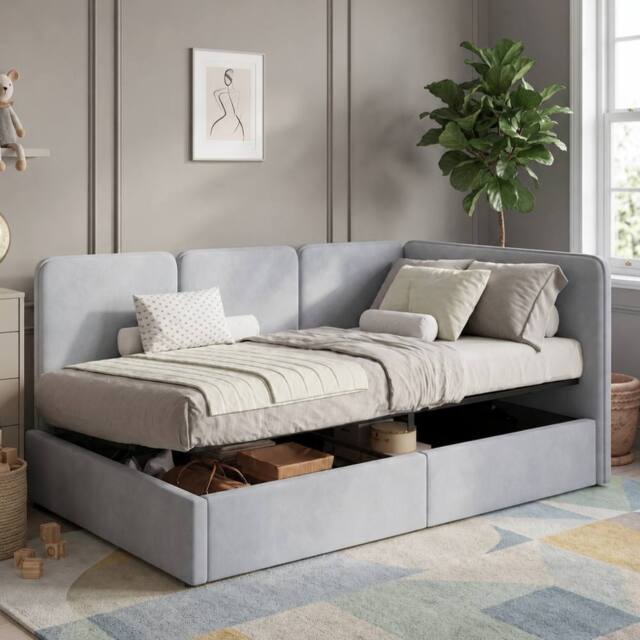 Matteo Grey Velvet Ottoman Single Daybed with Storage - 90 x 190 cm - image 1