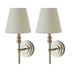 ValueLights Maggie Pair of Candlestick Wall Lights with Linen Tapered Lamp Shades in Silver