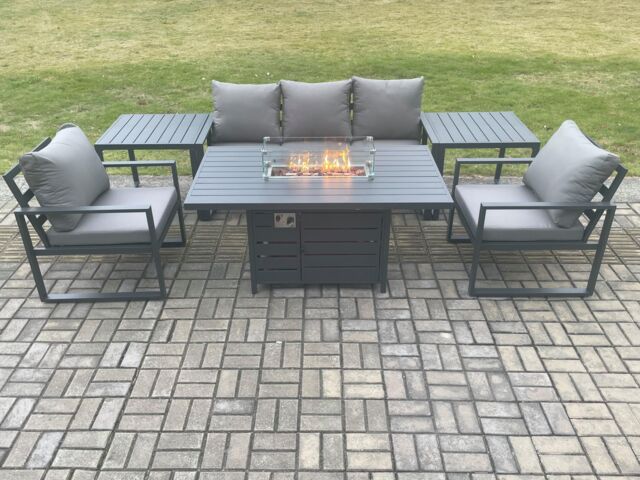 Fimous Aluminium Outdoor Garden Furniture Set Gas Fire Pit Dining Table Set Gas Heater Burner with 2 Side Tables Dark Grey 5 Seater - image 1