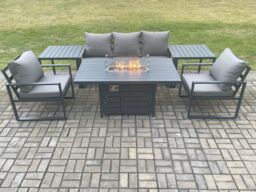Fimous Aluminium Outdoor Garden Furniture Set Gas Fire Pit Dining Table Set Gas Heater Burner with 2 Side Tables Dark Grey 5 Seater - thumbnail 1
