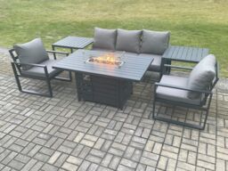 Fimous Aluminium Outdoor Garden Furniture Set Gas Fire Pit Dining Table Set Gas Heater Burner with 2 Side Tables Dark Grey 5 Seater - thumbnail 2