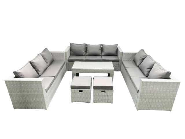 Fimous Rattan Garden Outdoor Furniture Set 11 Seater Garden Sofa Oblong Coffee Table Set with 2 Small Footstool Light Grey Mixed - image 1