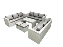 Fimous Rattan Garden Outdoor Furniture Set 11 Seater Garden Sofa Oblong Coffee Table Set with 2 Small Footstool Light Grey Mixed - thumbnail 2