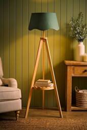 ValueLights Morrigan Scallop Linen Shade Wooden Scallop Shelf Tripod Floor Lamp in Green - thumbnail 2