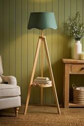 ValueLights Morrigan Scallop Linen Shade Wooden Scallop Shelf Tripod Floor Lamp in Green - thumbnail 1