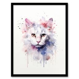 "Artery8 Wall Art Print Pure White Cat Lovers Gift Watercolour Pet Portrait Painting Artwork Art Framed - Size: W12"" x H16""" - thumbnail 1