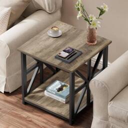 FORGEVIO Grey Wash 2-Tier Living Room Side Table 50x50cm Storage Unit - Size: 50x50 cm - thumbnail 4