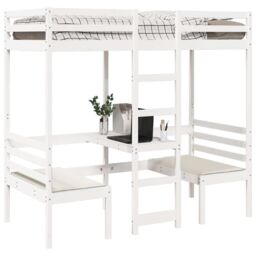 Berkfield Home Loft Bed Frame with Desk & Chairs White 90x200cm Solid Wood Pine - Size: 90x200 cm - thumbnail 4