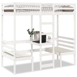Berkfield Home Loft Bed Frame with Desk & Chairs White 90x200cm Solid Wood Pine - Size: 90x200 cm - thumbnail 1