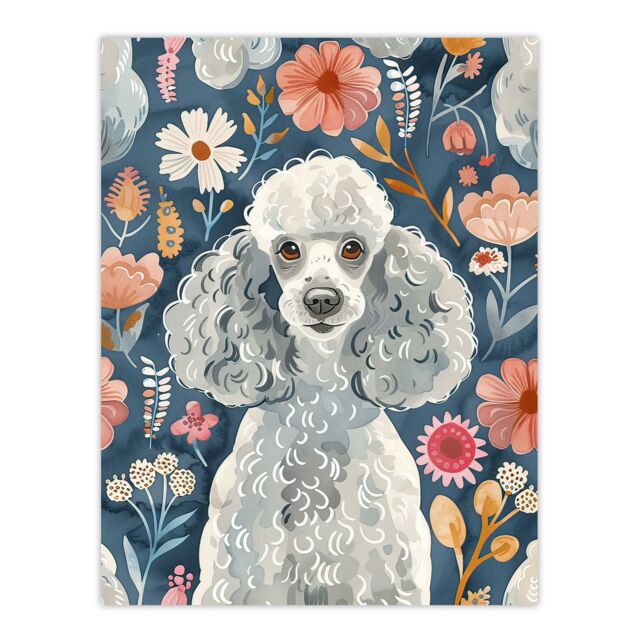"Artery8 Cute Poodle Floral Portrait Blue Pink Dog Lover Wall Art Print - Size: W24"" x H32""" - image 1