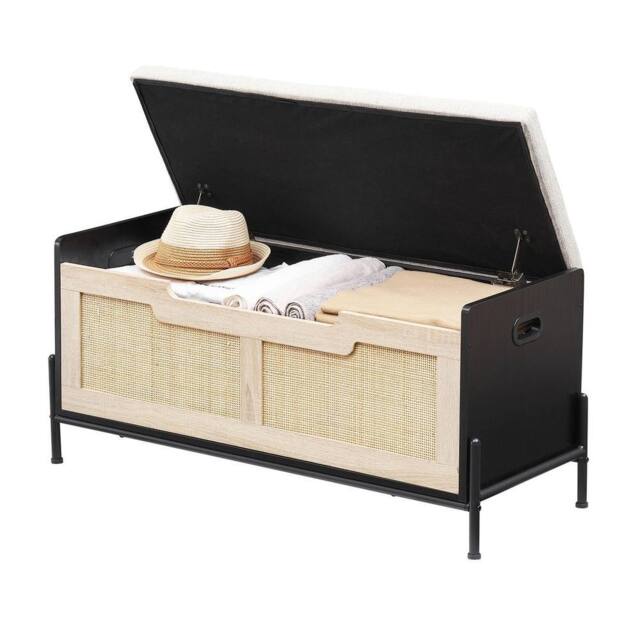 "VOGREX 39.4"" Entryway Storage Bench Rattan Storage Chest Storage Trunk in Black" - image 1