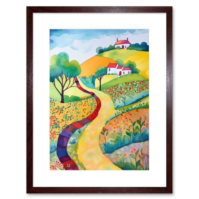 "Artery8 Wall Art Print Countryside Path In Spring Folk Art Landscape Watercolour Painting Artwork Framed 9X7 Inch in Brown - Size: W7"" x H9""" - image 1