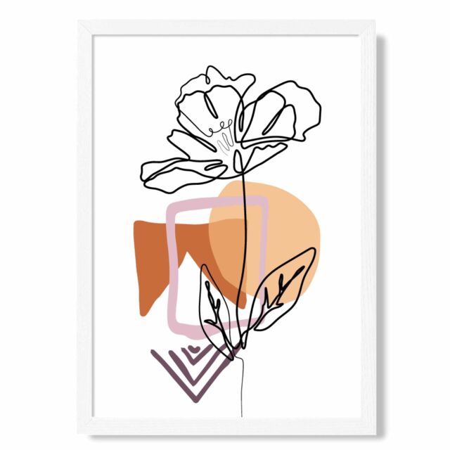 ARTZE Rose Floral Line Art with Boho Purple & Orange Shapes Framed Print SIZE: A4 with White Frame - Size: A2 - image 1