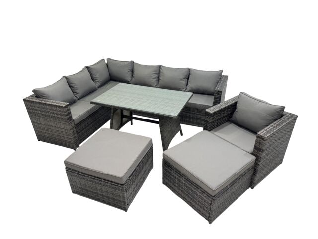 Fimous 9-seater Outdoor PE Rattan Sofa Set with with Chair 2 Big Stools in Dark Grey