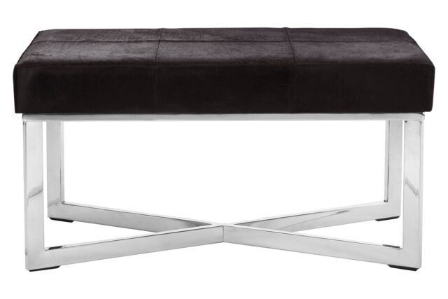 Orsina Genuine Leather Upholstered Grey Bench With Stainless Steel Base, Textured Upholster Seat, Grid Stitched Bench in Black - image 1