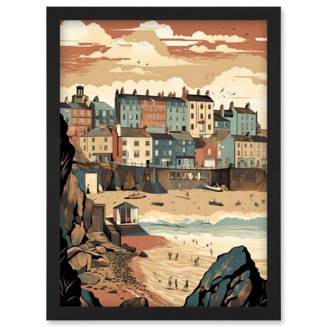 Artery8 Tenby Harbour Beach Pastel Colour Coastal Town Artwork Framed Wall Art Print A4 in Black - image 1