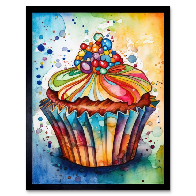 "Artery8 Wall Art Print Cupcake With Sprinkles Vibrant Watercolour Painting Art Framed in Black - Size: W12"" x H16""" - image 1