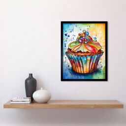 "Artery8 Wall Art Print Cupcake With Sprinkles Vibrant Watercolour Painting Art Framed in Black - Size: W12"" x H16""" - thumbnail 2